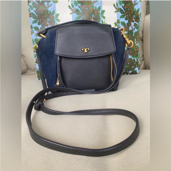 Tory Burch Handbags - 💙💛Tory Burch Half Moon Crossbody Navy Blue Leather and Suede 💙💛